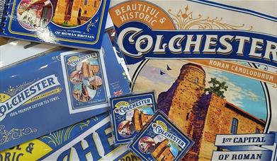 Colchester souvenirs, magnet, notebook and teatowel