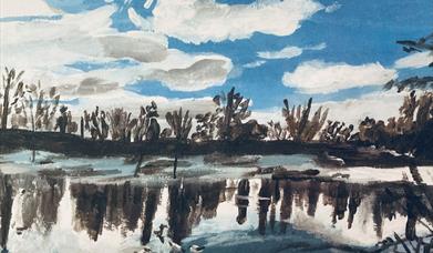 Image shows watercolour picture of sky and trees.