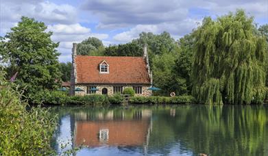 Outside of Bourne Mill looking across the millpond