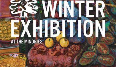 Image shows art work and words: Colchester Art Society Winter Exhibition