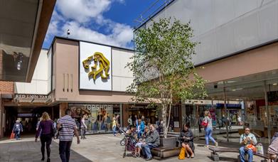 Lion Walk Shopping Centre with people walking and sitting on benches