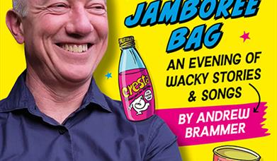 An image of Andrew Brammer on a yellow background with the text: Stumpy Sanderson's 1970s Jamboree Bag, an evening of wacky stories and songs by Andre
