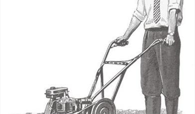 Image shows Colchester Arts Centre logo of man mowing lawn.