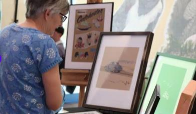 Image shows lady viewing art works
