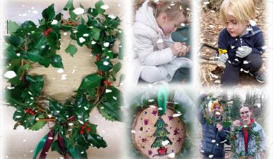 This picture is of a wreath and children doing Christmas crafts.