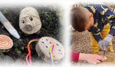 Image shows children playing in woodland area.