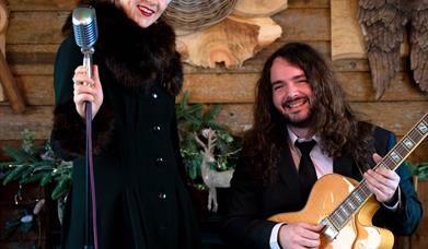 Man and a lady with a guitar and microphone in a log cabin
