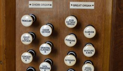 Image shows moot hall organ stops