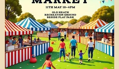 Market stalls with people and dogs looking around