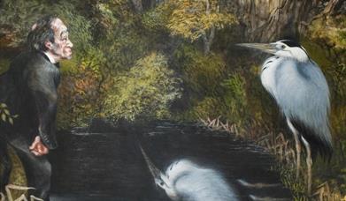 Picture shows a painting of a stream with a man and grey herons