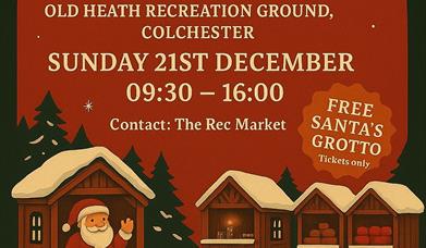 Image shows poster for The Rec Christmas Market at Old Heath Recreation Ground, 21st December 09:30 - 16:00