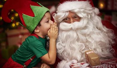 A little boy dressed as an elf whispering into Father Christmas' ear.
