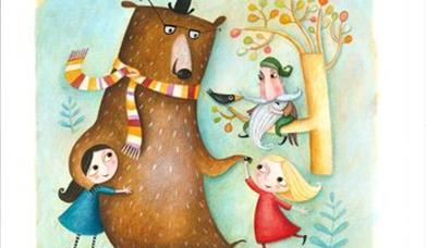 Image shows a bear smiling and holding 2 girls hands while a little gnome sits on a tree.