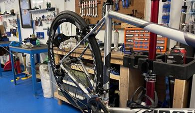 A bike being fixed in the Bike Kitchen.