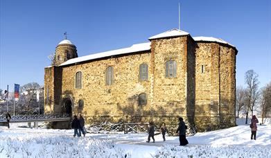 Colchester Castle, atop with snow.
