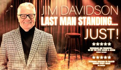 Image shows Jim Davidson in chequered blazer smiling at the camera.  Text states: Jim Davidson Last Man Standing...Just!